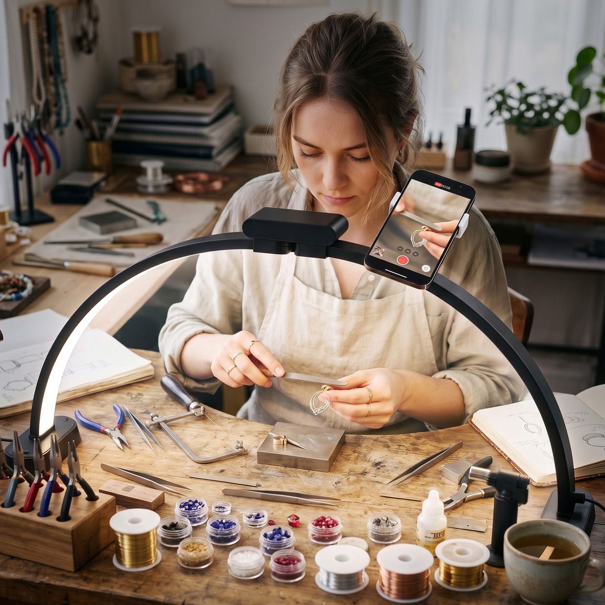 A jeweler works at a bench under the black Half-Moon Light while a phone in the holder records.