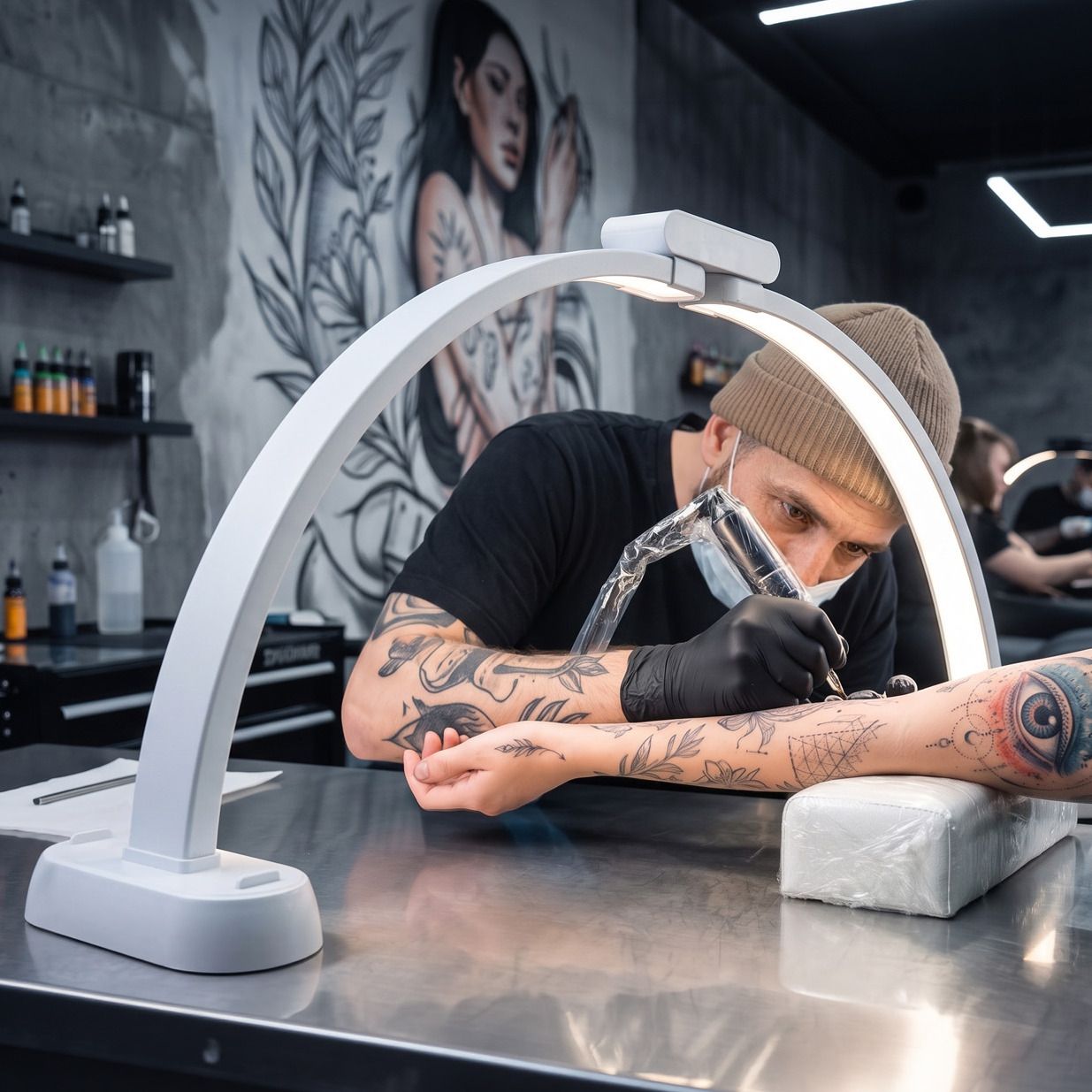 A tattoo artist works on a client’s forearm under the white Half-Moon Light.